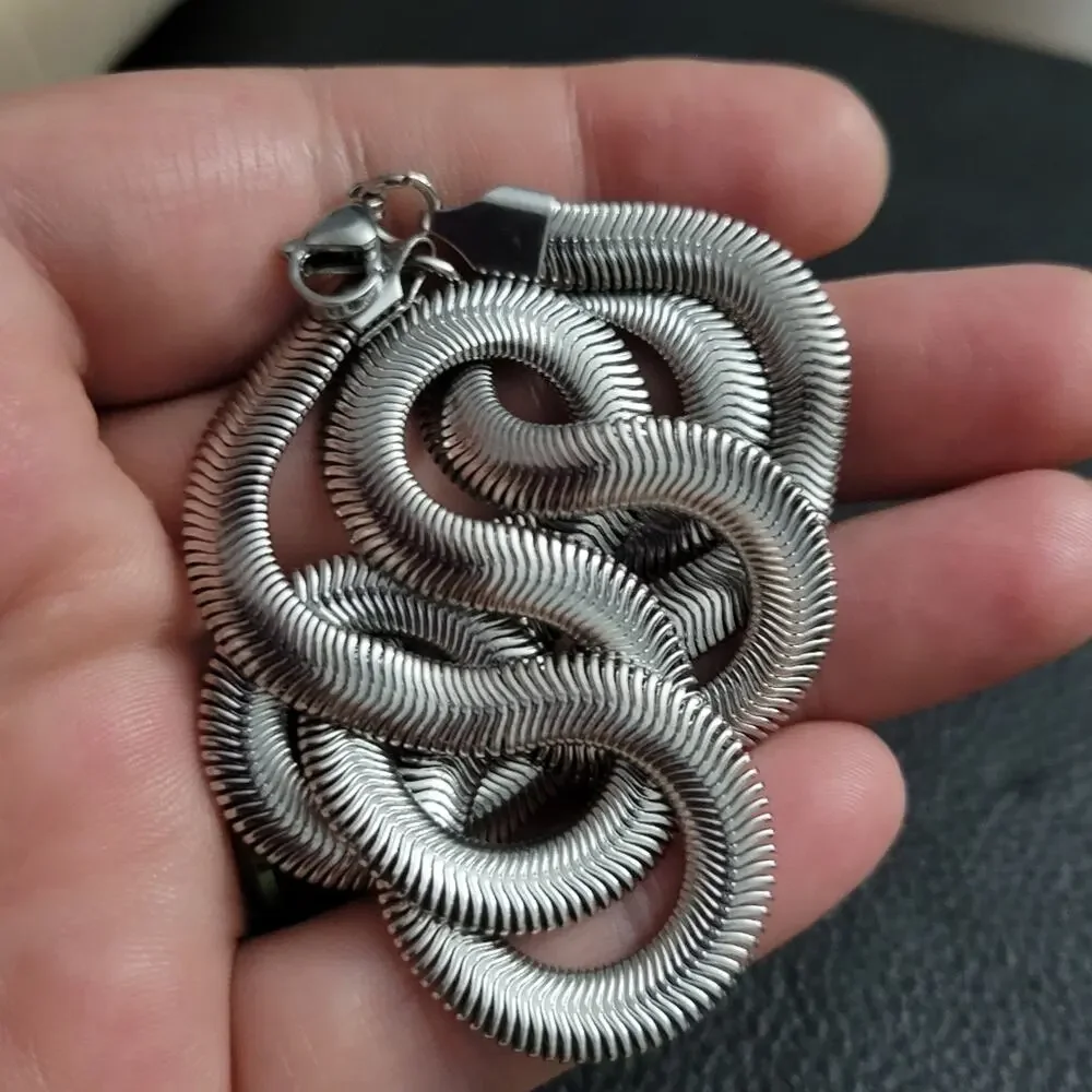 Stainless steel silver 3D snake chain necklace, 6mm width, 24 inch length